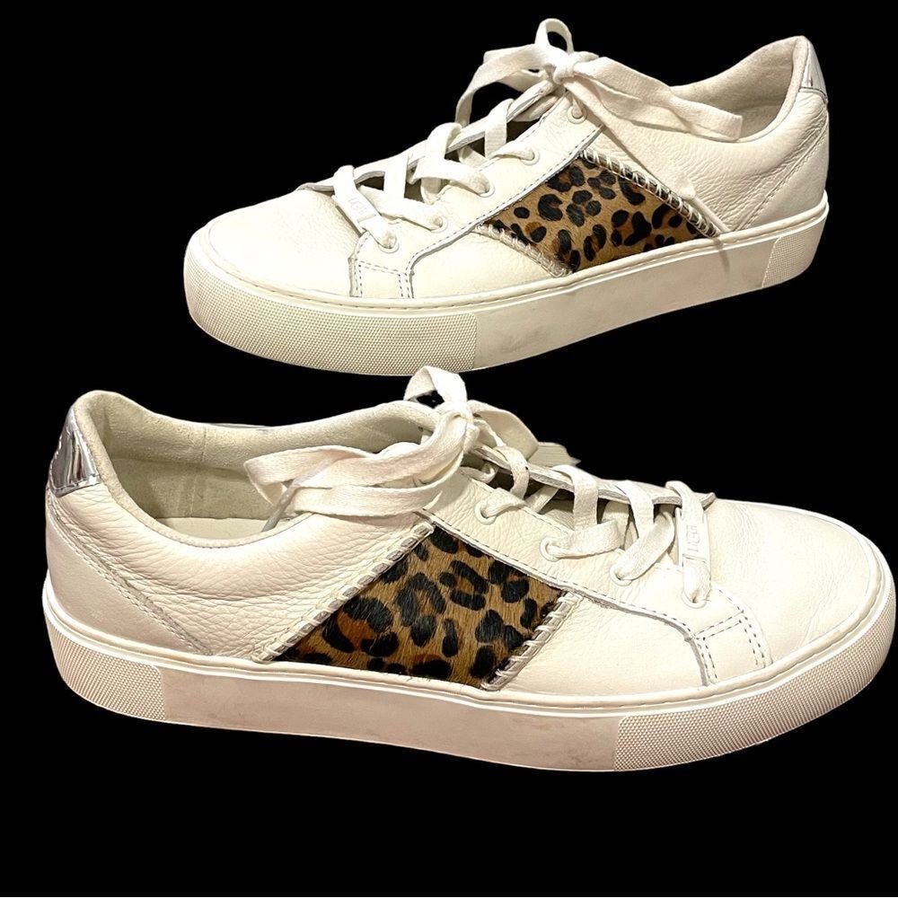 UGG Dinale Women’s Lace-Up Sneakers White With Leopard Print Detail Size 10